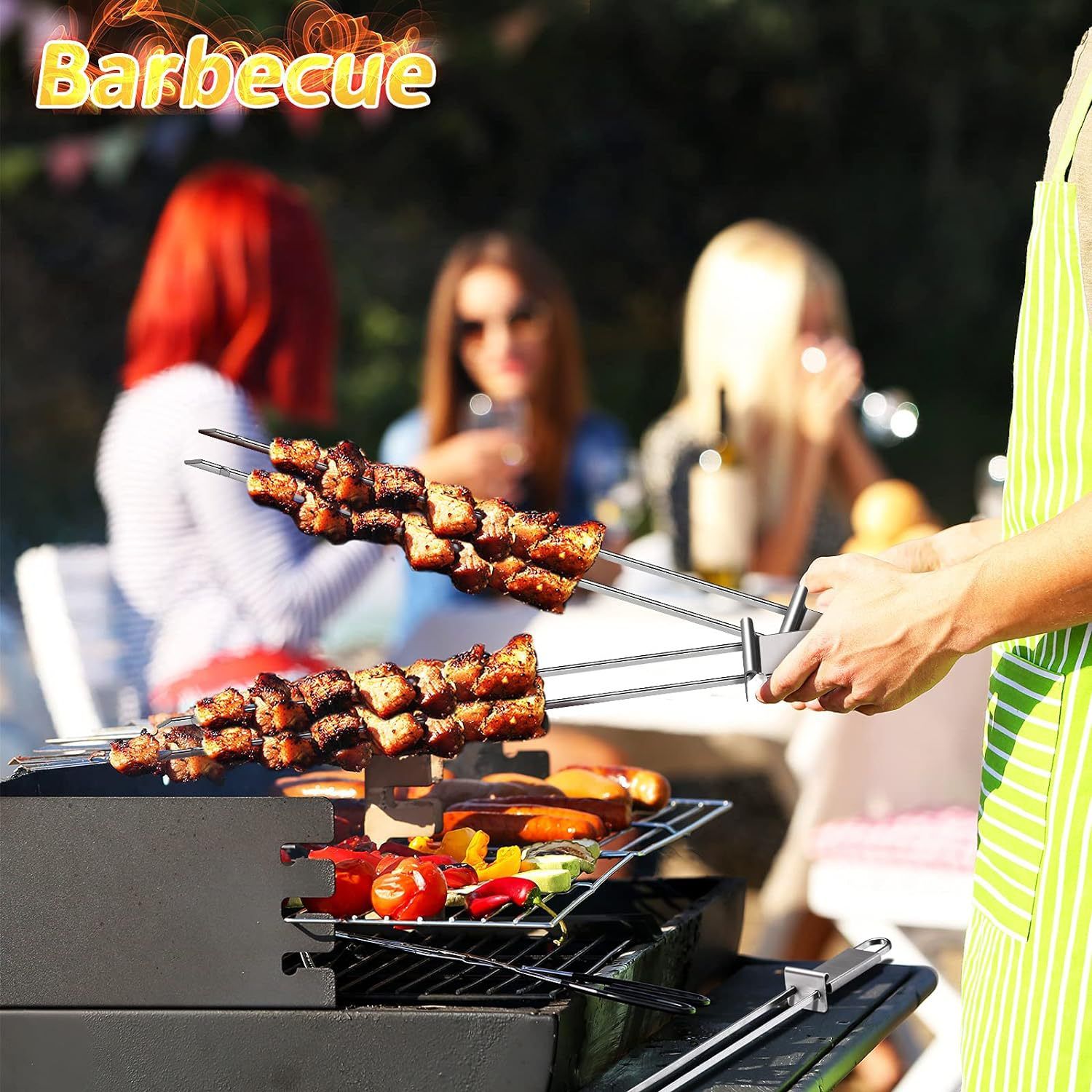 Skewer for Grilling, Metal Stainless Steel BBQ Stick with Push Bar, Double view 4