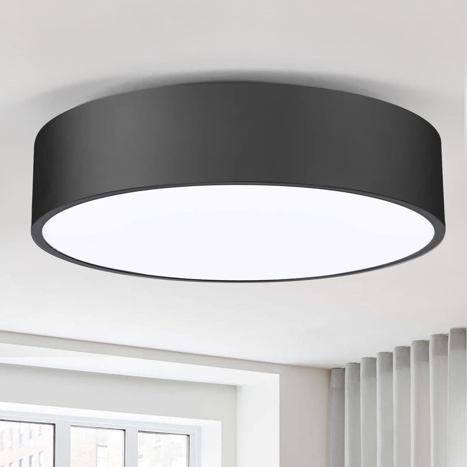 Close to Ceiling Lamp, Large Size Matted Black Metal Shade Flush Mount Ceiling
