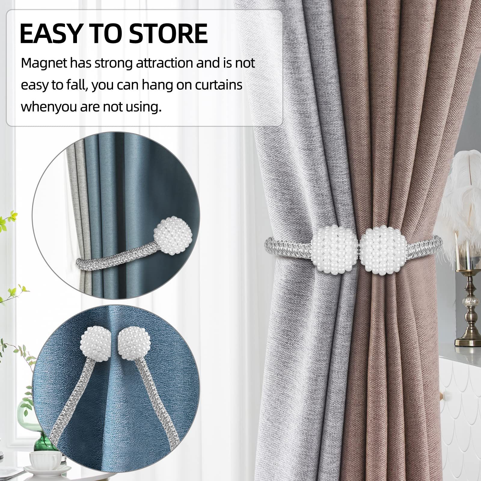 2 Pack Magnetic Curtain Tie Backs with Pearls view 3