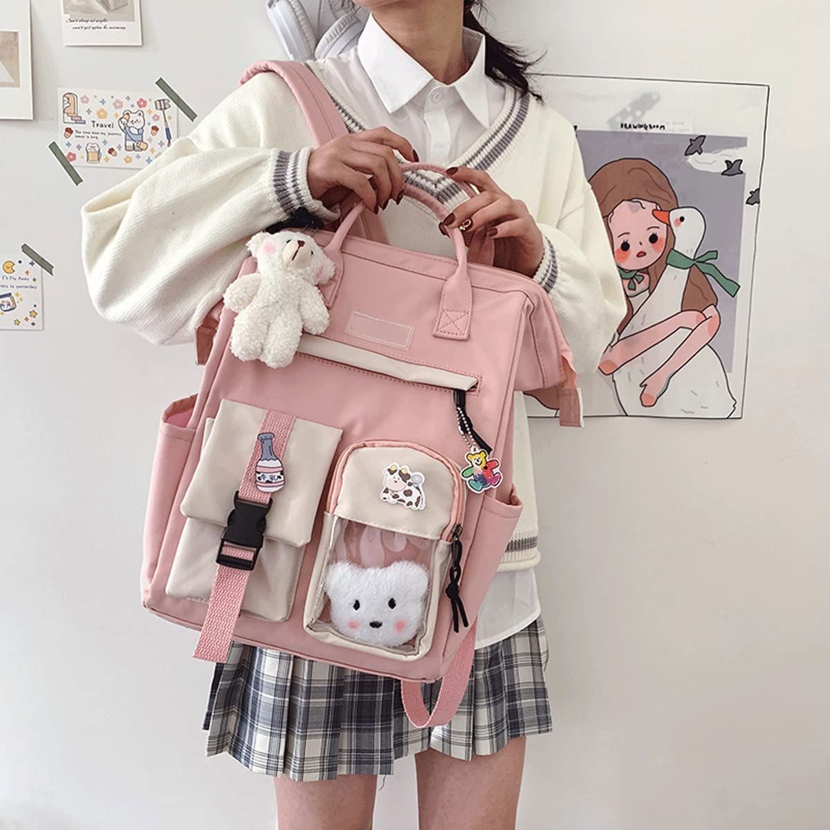 Cute Backpack with Cute Pin Accessories Plush Pendant Cute School Backpack view 2
