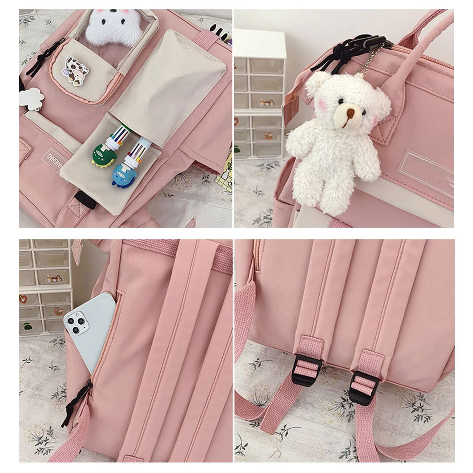 Cute Backpack with Cute Pin Accessories Plush Pendant Cute School Backpack view 3