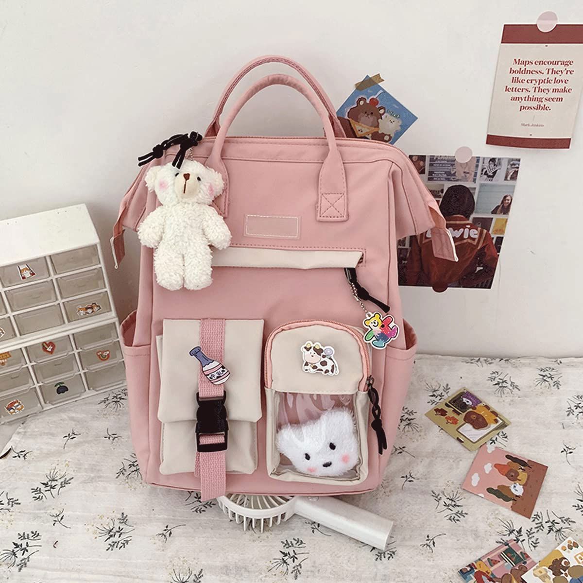 Cute Backpack with Cute Pin Accessories Plush Pendant Cute School Backpack view 5