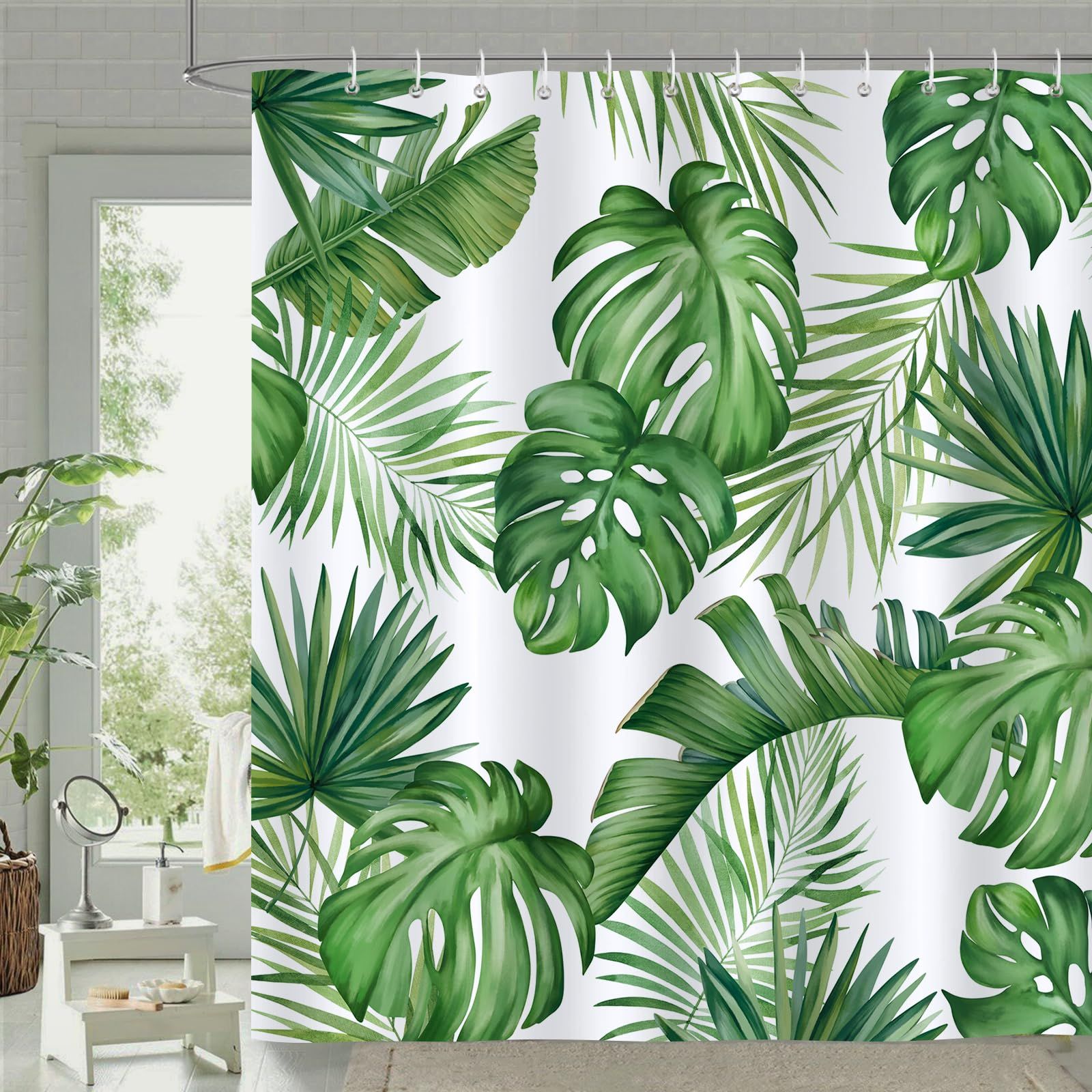 Tropical Leaves Shower Curtain Green Palm Leaf Decorative Bath Curtain