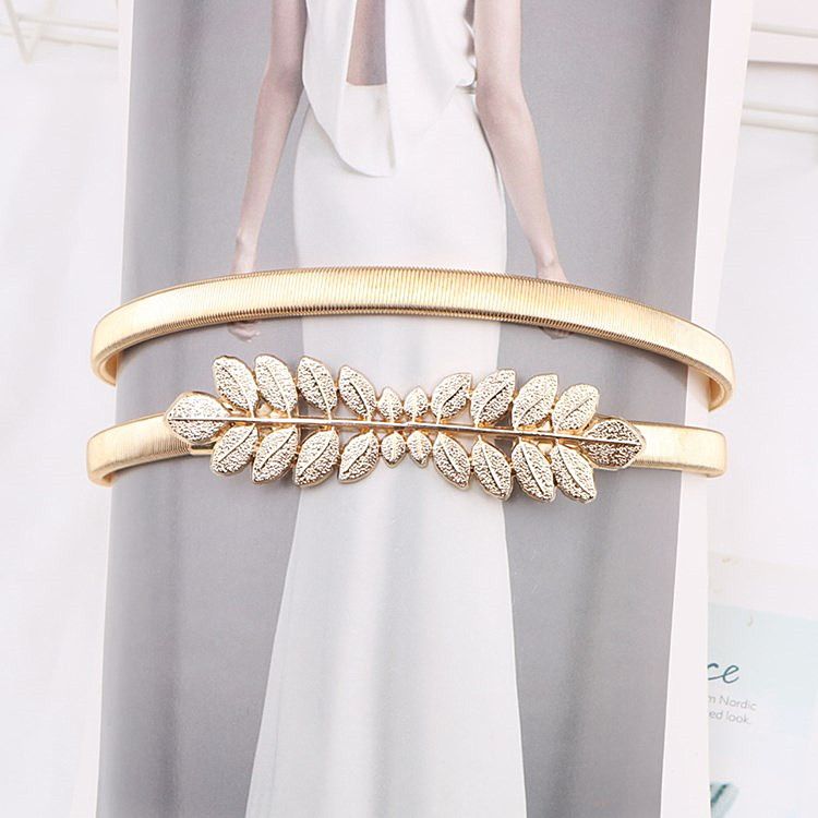 Waist Belt Gold Skinny Metal Waist Chain Elastic Dress Belt Leaves Waistband view 4