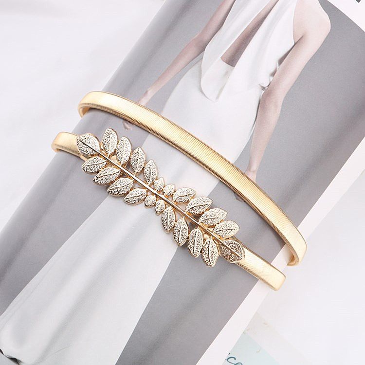 Waist Belt Gold Skinny Metal Waist Chain Elastic Dress Belt Leaves Waistband view 5