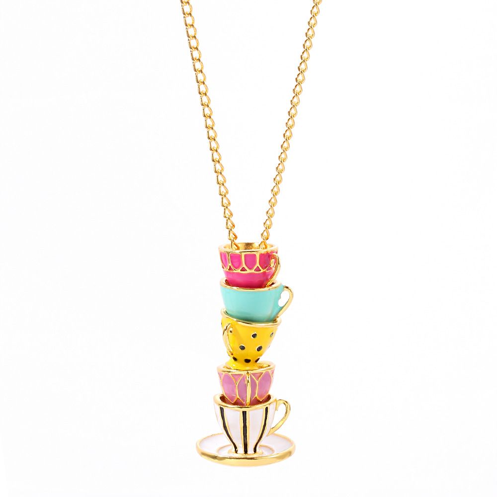 COLORFUL BLING Funny Stacked Enamel Teacup Necklace Coffee Cup Teapot Pendant view 2