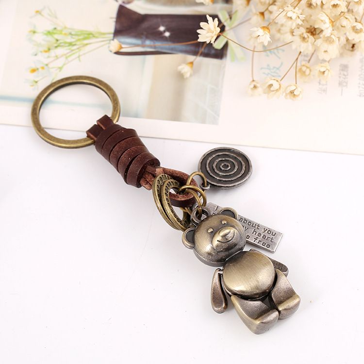 Brown Leather Keychain Alloy Cute Bear Personalized Key Key Chain.Wonderful Gift view 3