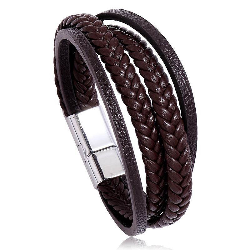 Mens Leather Bracelet with Cowhide Multi-Layer Braided Leather Mens Bracelet