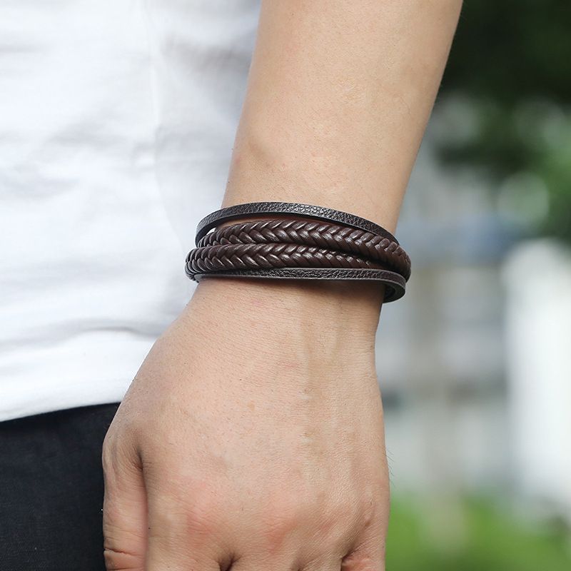 Mens Leather Bracelet with Cowhide Multi-Layer Braided Leather Mens Bracelet view 3