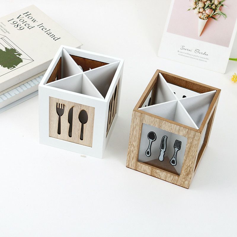 Western Cutlery Box Tableware Wooden Utensil Basket Cutlery Holder for Kitchen view 2
