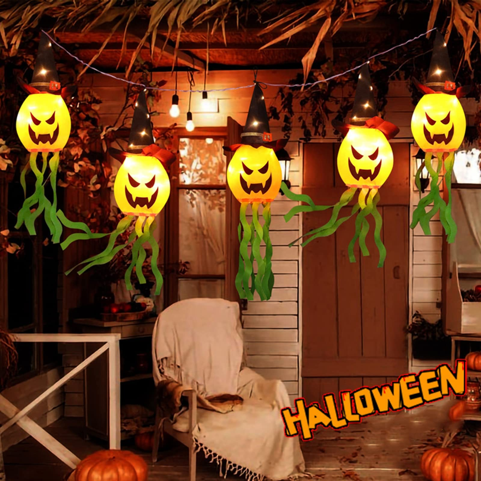 Halloween Hanging Decorations Witch Pumpkin Windsock Flag with LED Lights for view 2