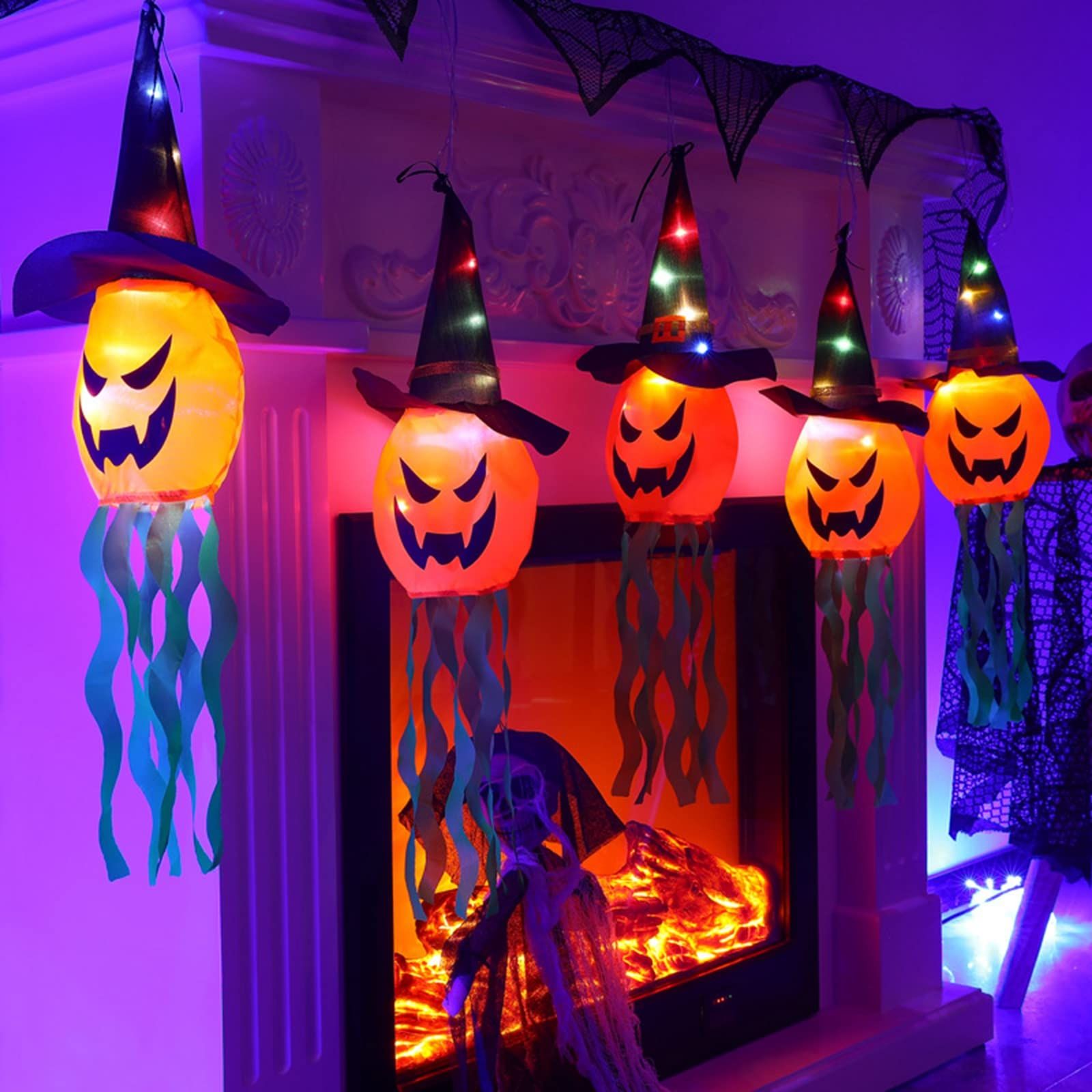 Halloween Hanging Decorations Witch Pumpkin Windsock Flag with LED Lights for view 3