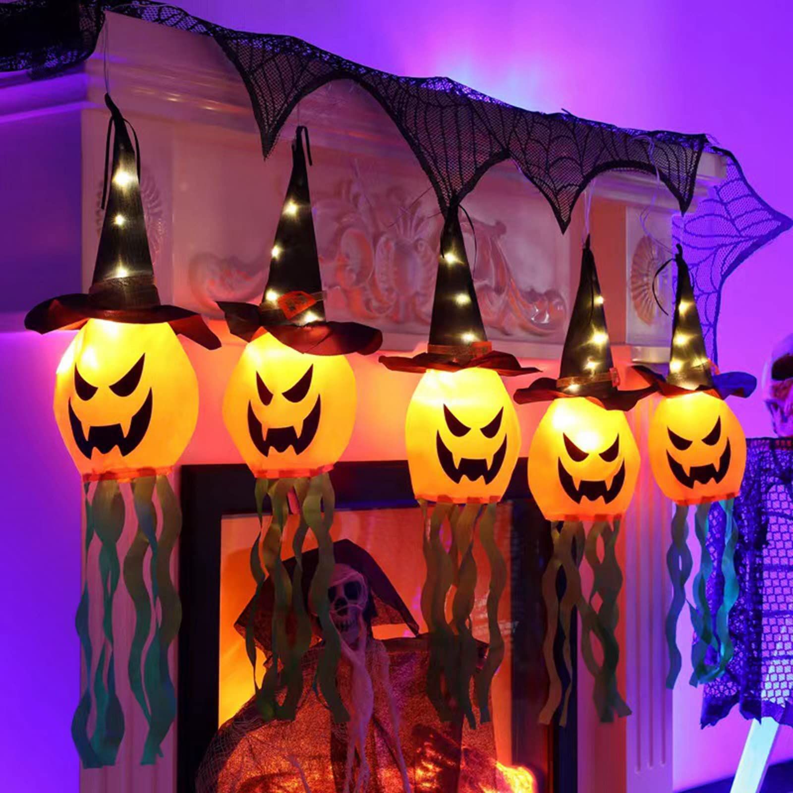 Halloween Hanging Decorations Witch Pumpkin Windsock Flag with LED Lights for view 5