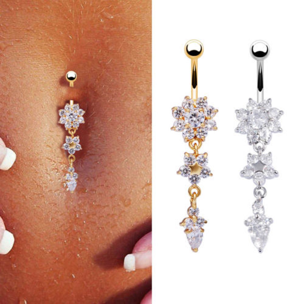 Cute Flower Belly Button Rings Paw Surgical Stainless Steel Dangle Navel view 2