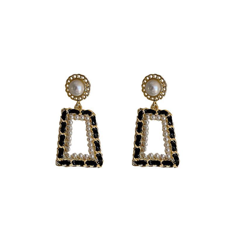 Gold Black Geometric Dangle Earrings - Pearl Heart Cubic Zirconia Statement