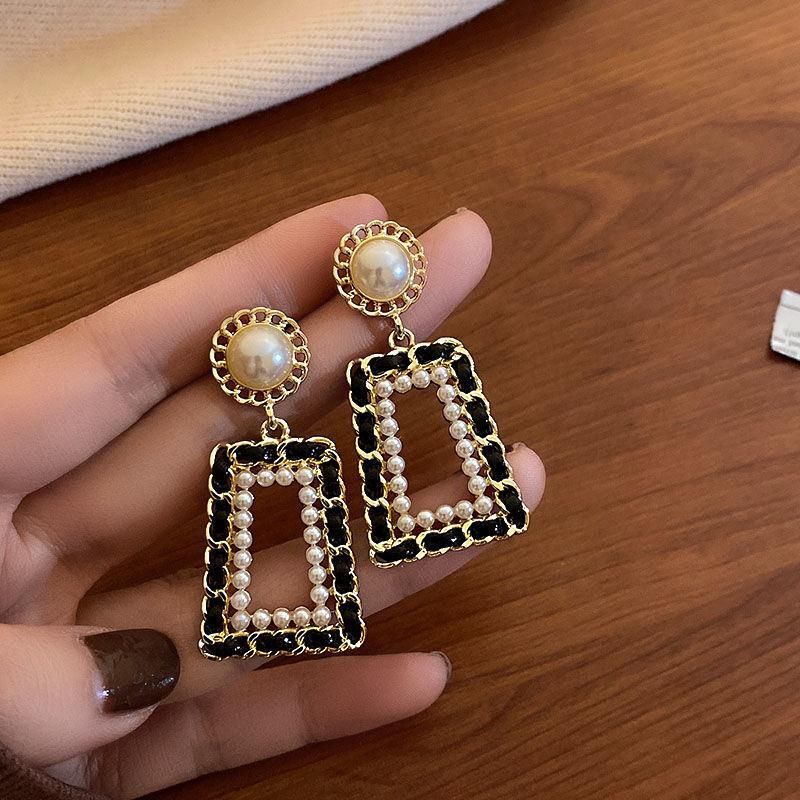 Gold Black Geometric Dangle Earrings - Pearl Heart Cubic Zirconia Statement view 5