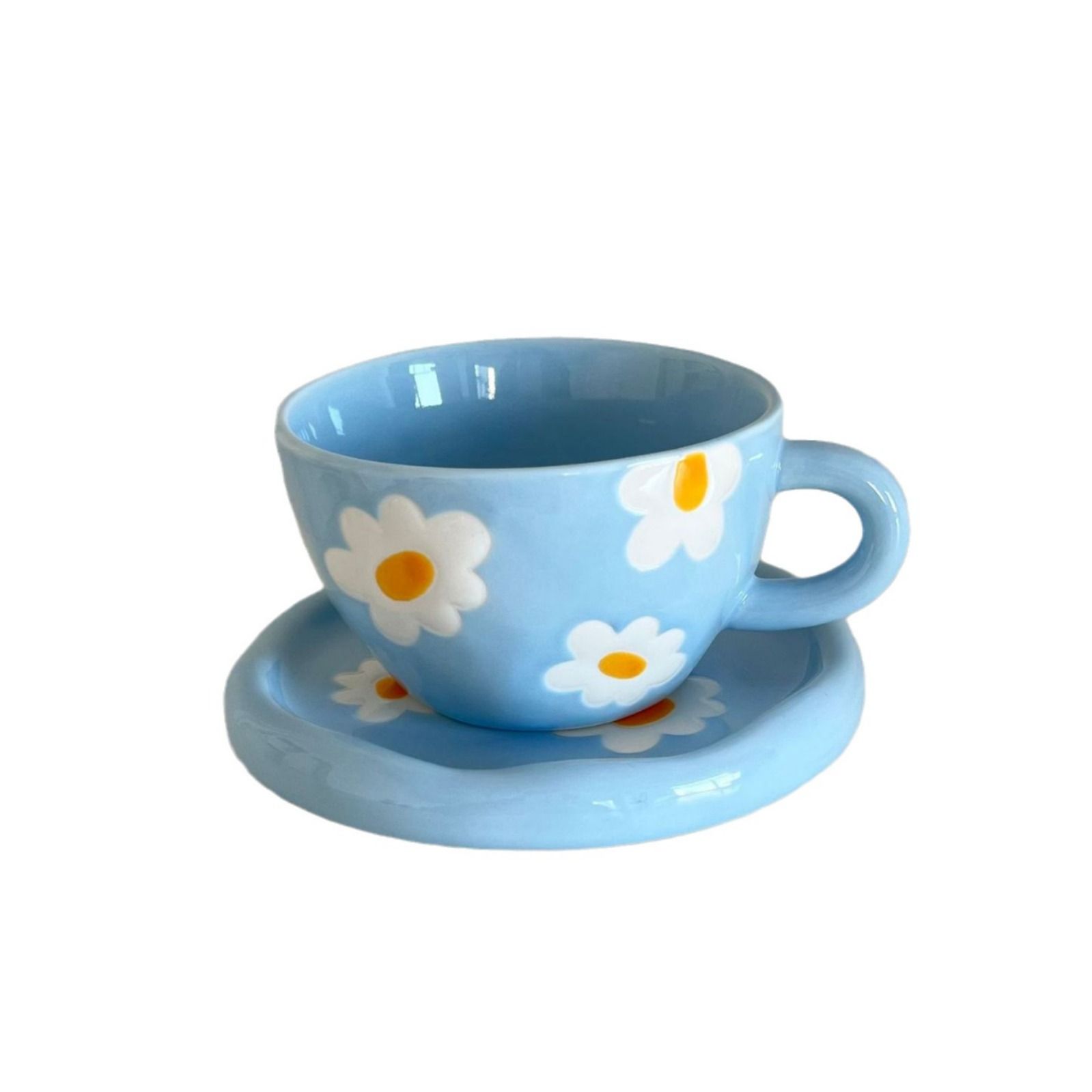 Ceramic Coffee Mug, White and Blue Floral Handpainted Stoneware Tea Cup with — image 1