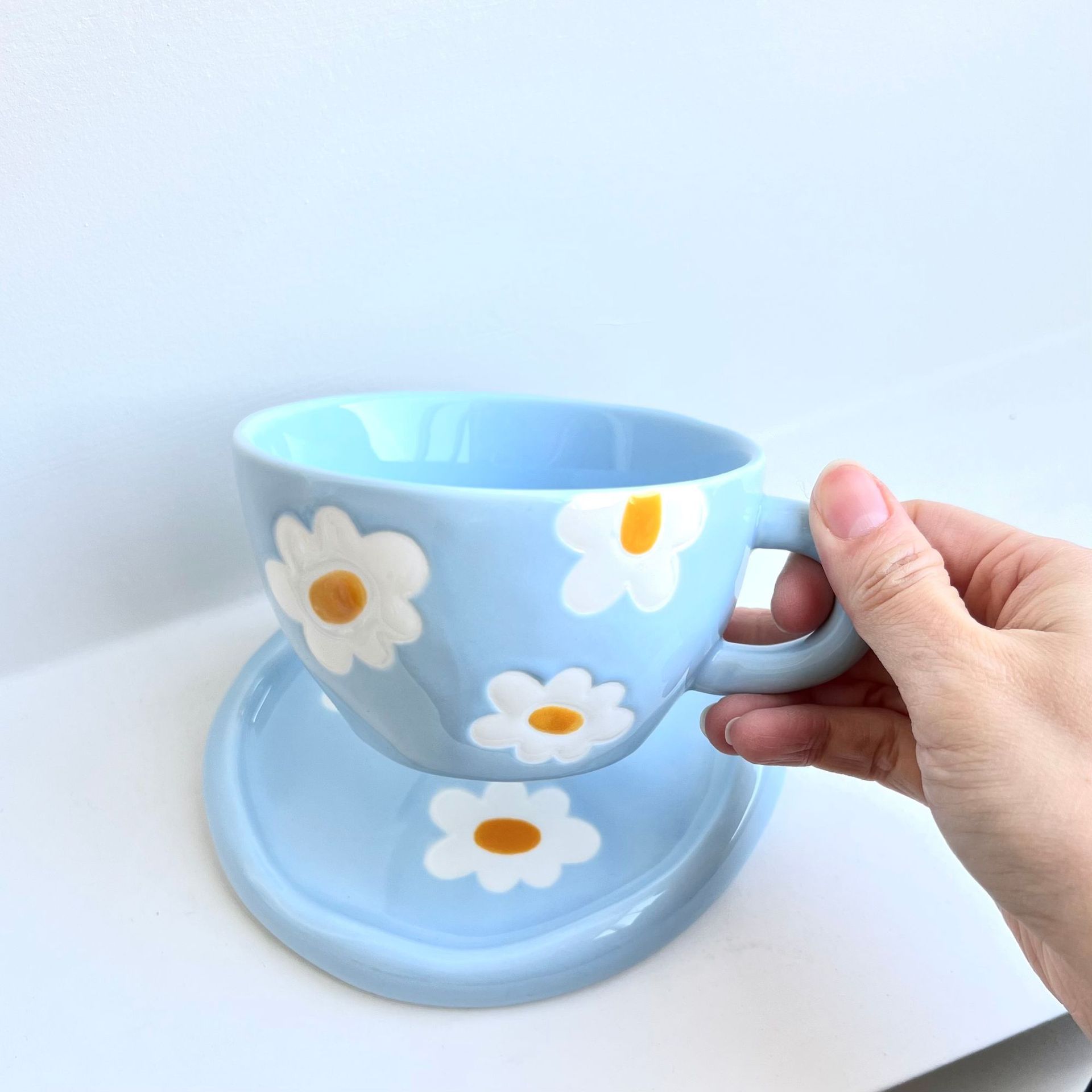 Ceramic Coffee Mug, White and Blue Floral Handpainted Stoneware Tea Cup with view 2