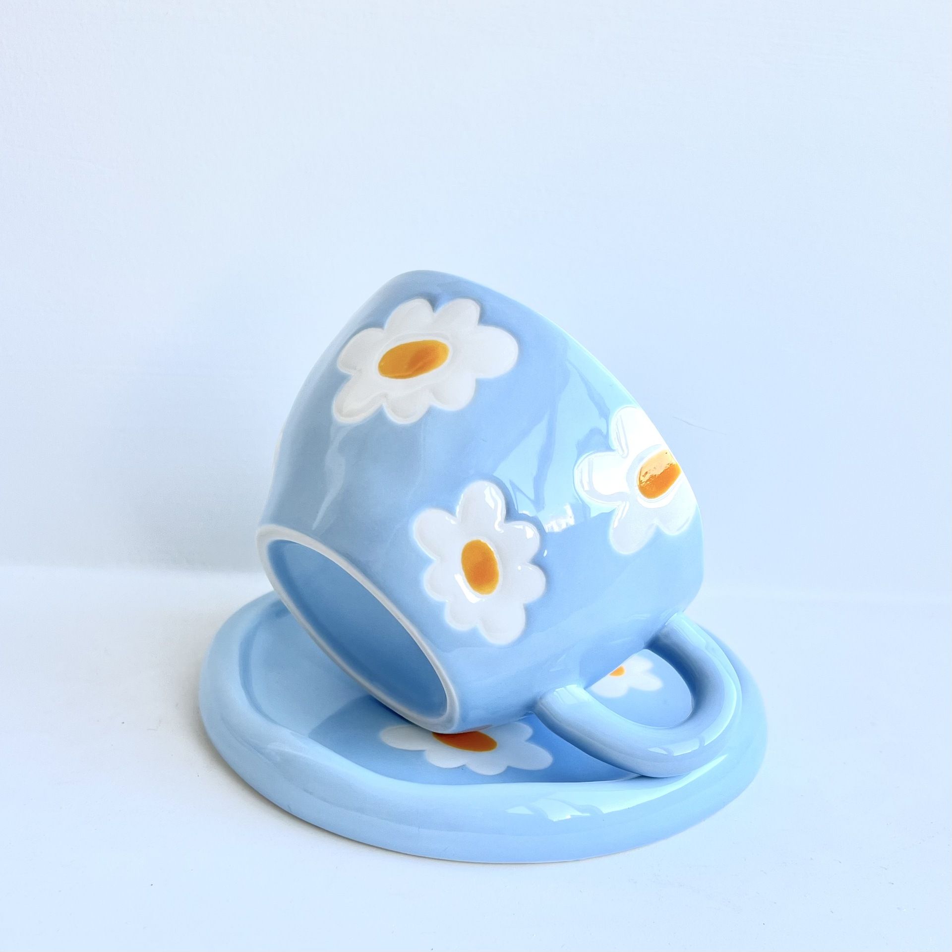 Ceramic Coffee Mug, White and Blue Floral Handpainted Stoneware Tea Cup with view 3