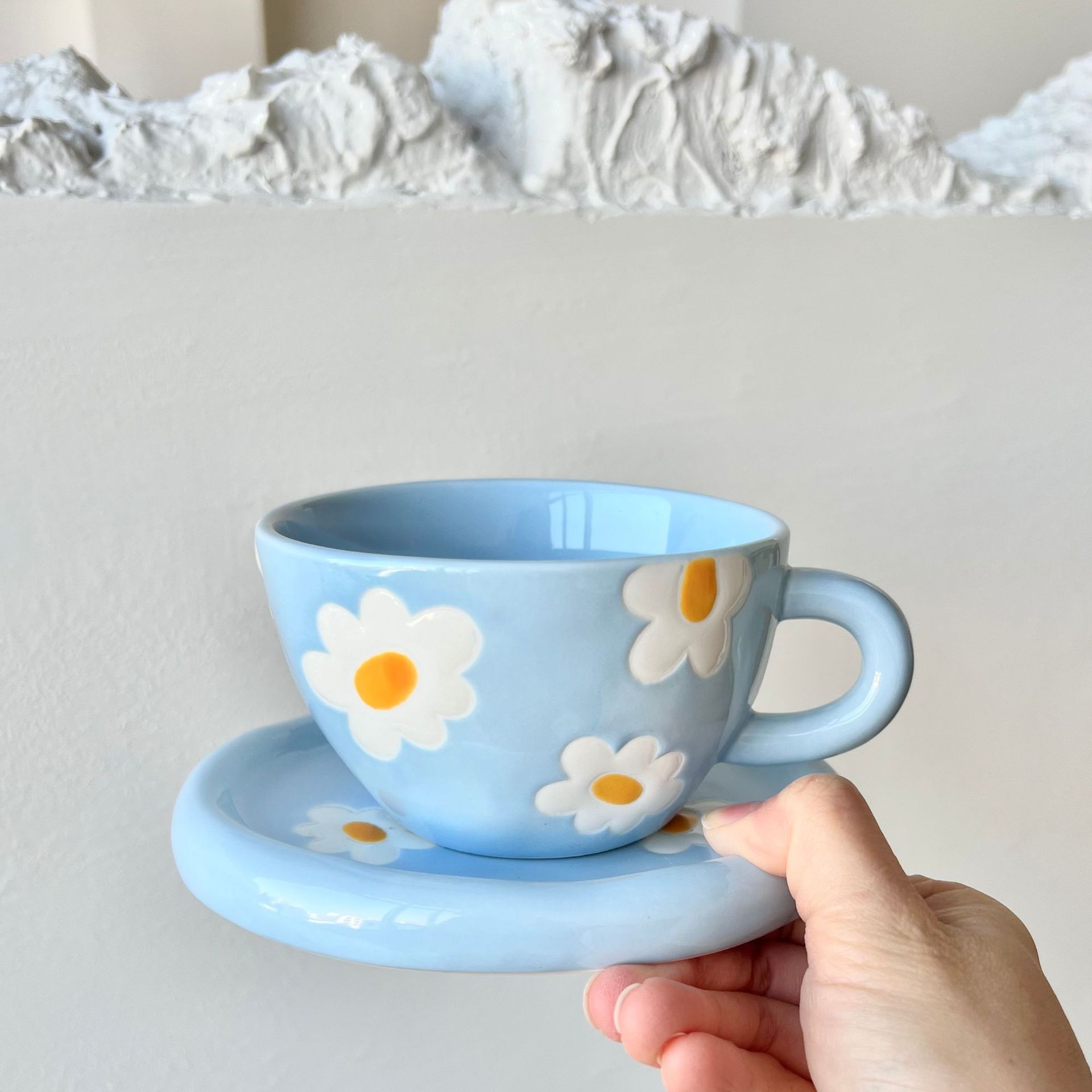 Ceramic Coffee Mug, White and Blue Floral Handpainted Stoneware Tea Cup with view 4