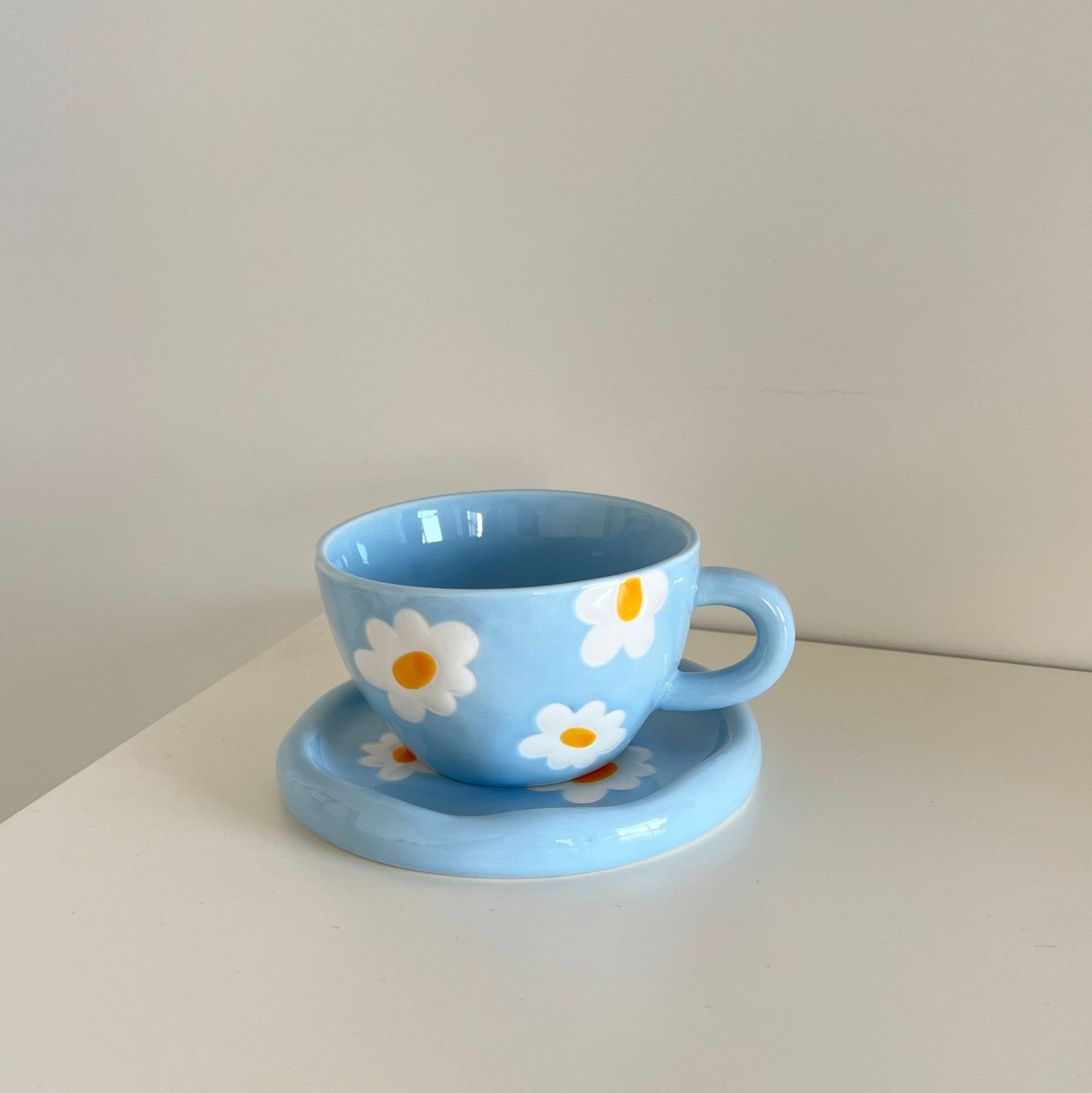 Ceramic Coffee Mug, White and Blue Floral Handpainted Stoneware Tea Cup with view 5