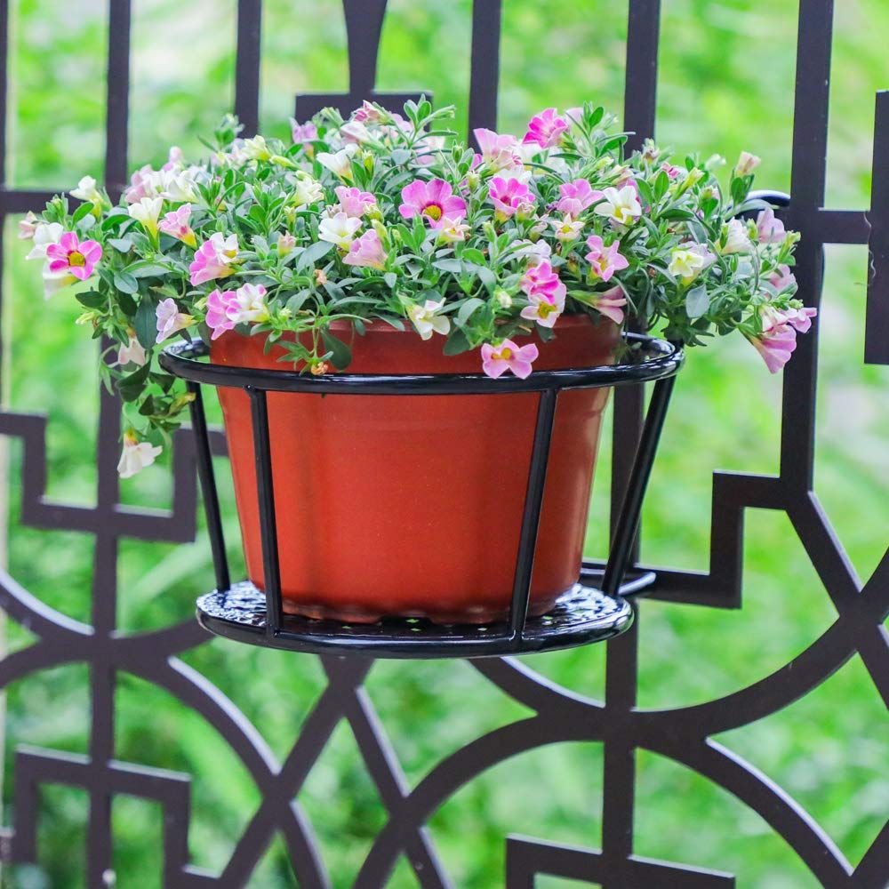 Iron Art Hanging Baskets Flower Pot Holder Over The Rail Metal Fence Planters view 4