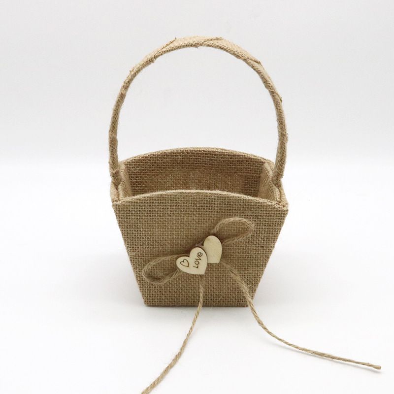 Rustic Burlap Flower Girl Baskets with Pearl Handle view 3