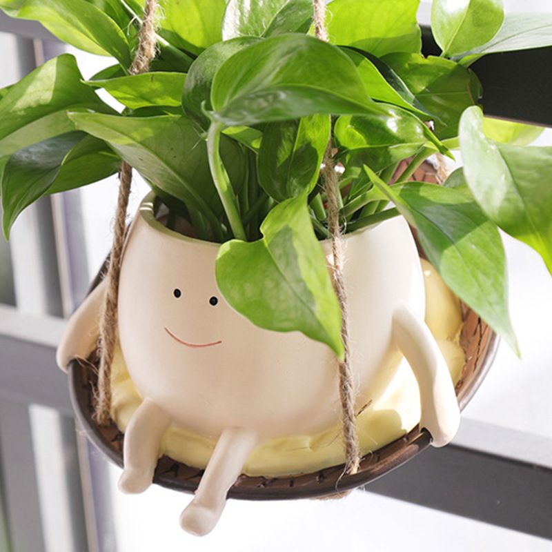Hanging Swing Chair Planter Pot Resin Smiley Face Planter for Indoor Outdoor view 3