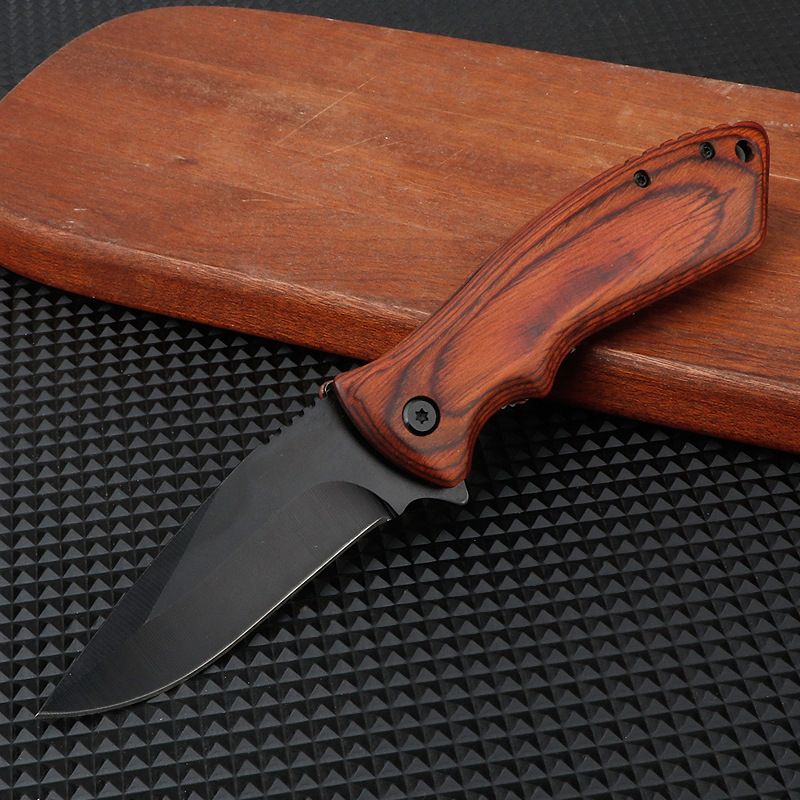 Folding Pocket Knife- Stonewashed Blade with Wood Handles view 2