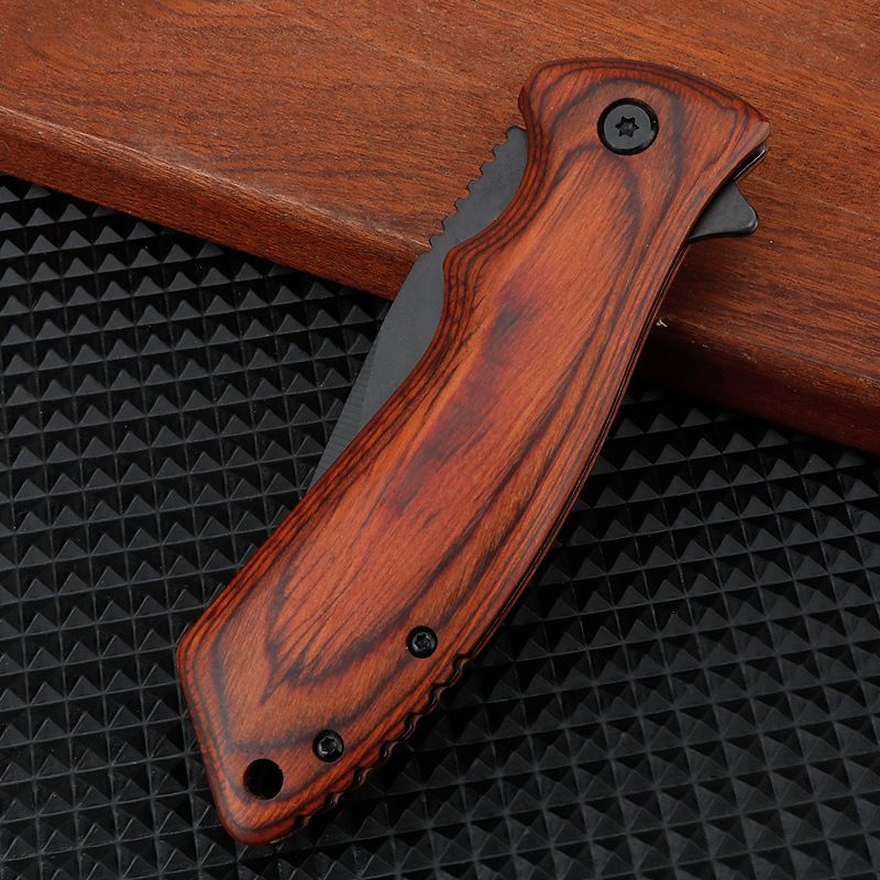 Folding Pocket Knife- Stonewashed Blade with Wood Handles view 3