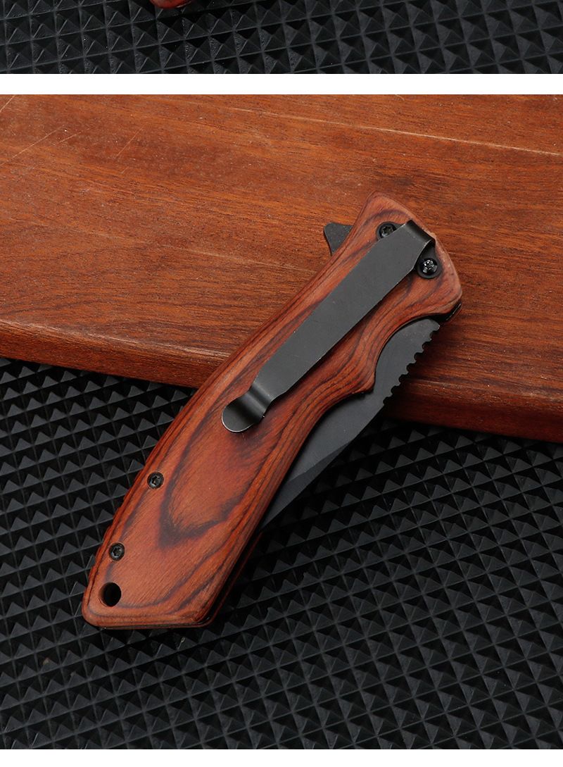 Folding Pocket Knife- Stonewashed Blade with Wood Handles view 5