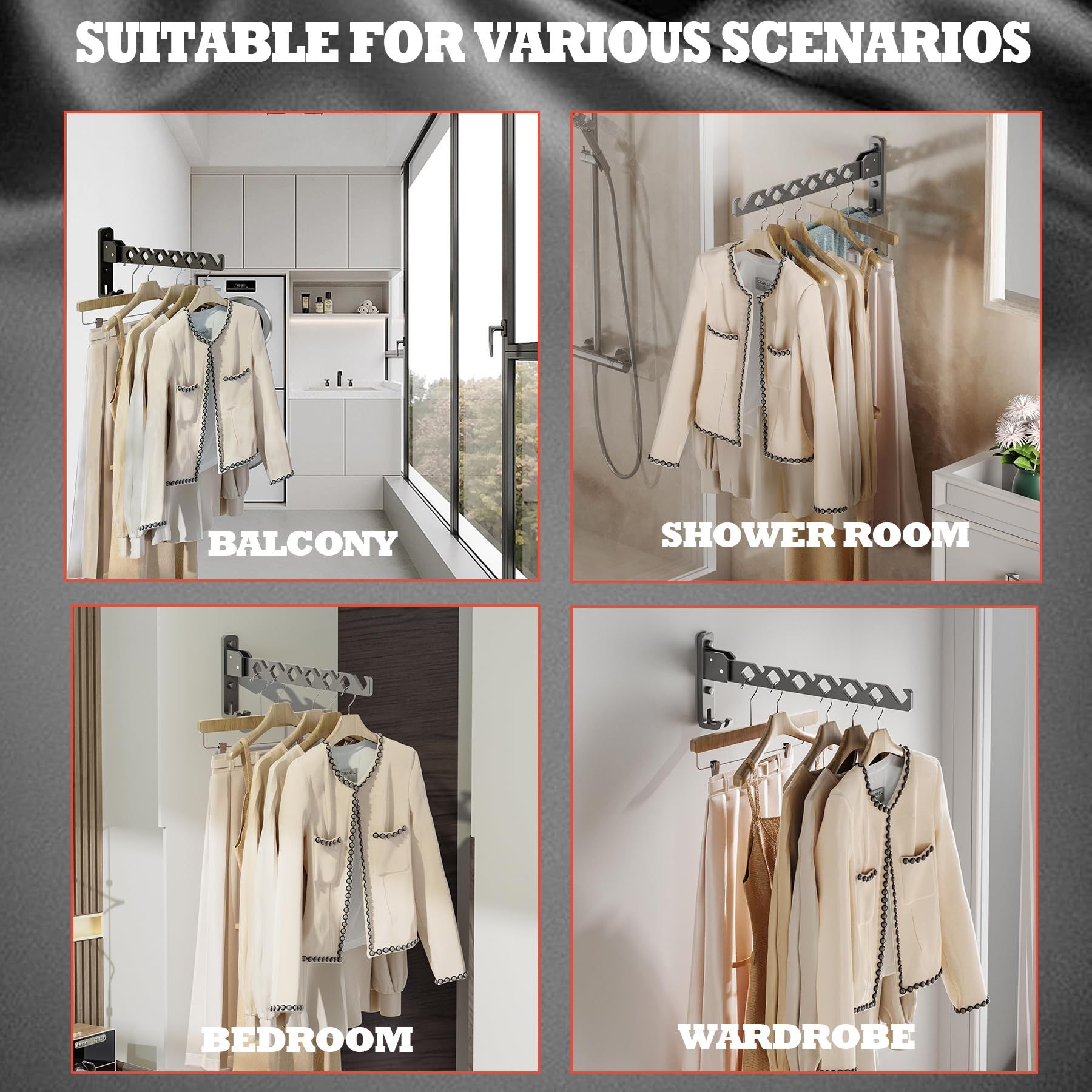 Garment Hooks Aluminium Retractable Folding Indoor Wall Mounted Hanger Space view 2