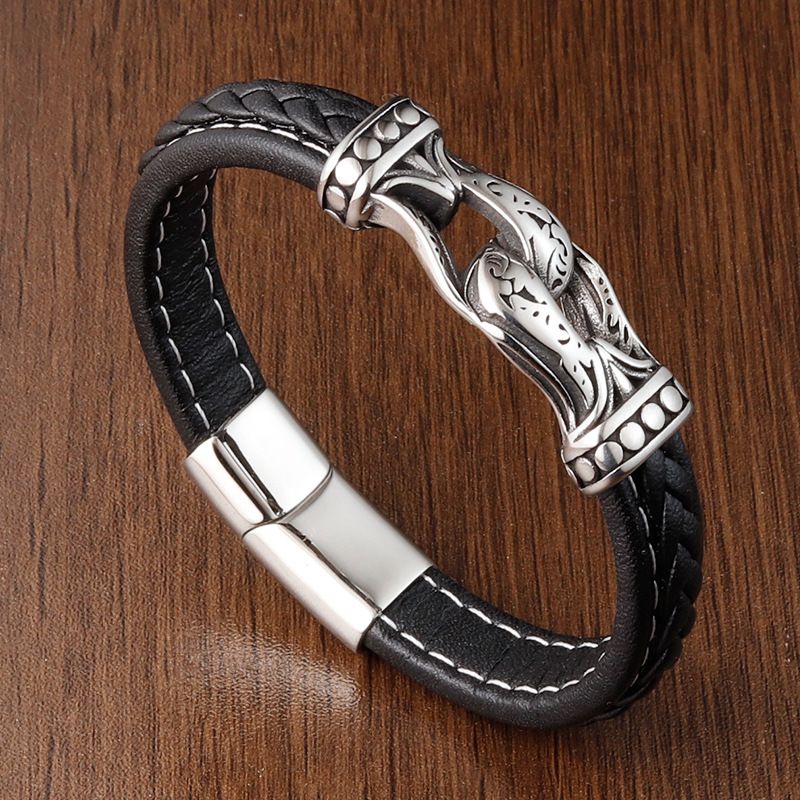 Bracelet with Buckle and Multiple Layers of Woven Leather for Men Titanium