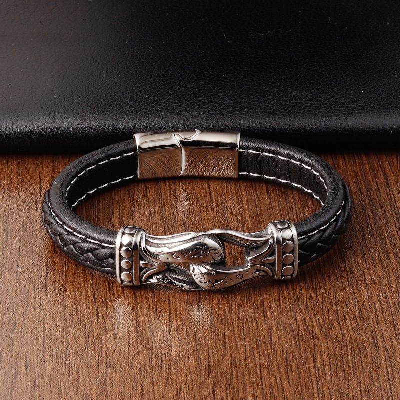 Bracelet with Buckle and Multiple Layers of Woven Leather for Men Titanium view 2