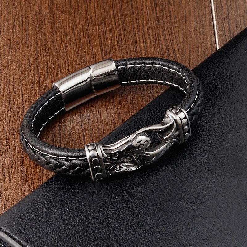 Bracelet with Buckle and Multiple Layers of Woven Leather for Men Titanium view 4