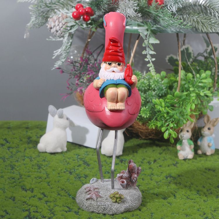 Garden Gnome Statue Outdoor Fun Garden Gnome Riding Flamingo Lawn Patio Artist view 2