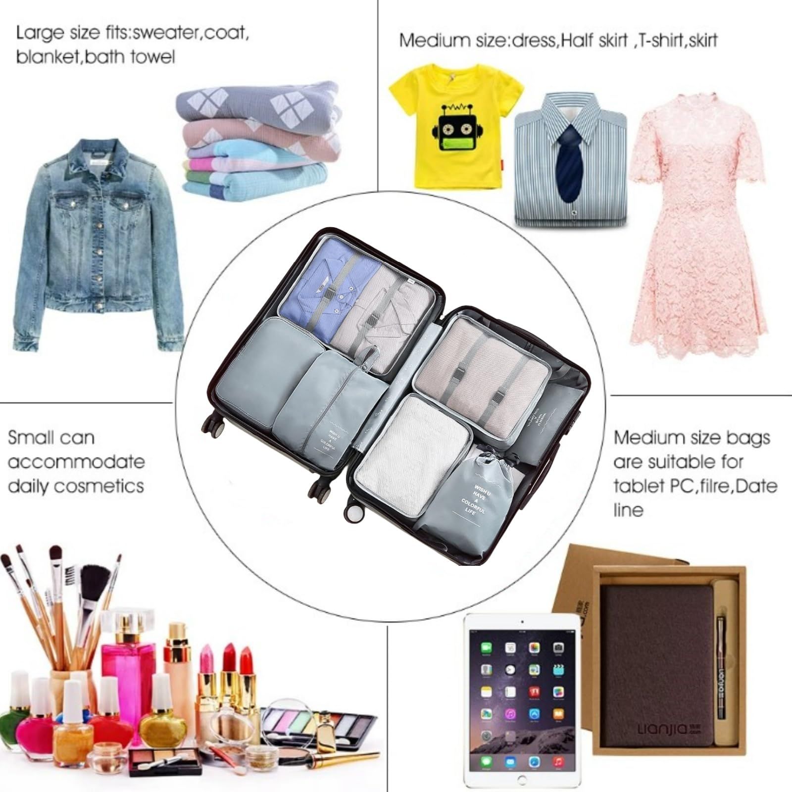 7 Pieces Set Travel Organizer Storage Bags Suitcase Packing Set Storage Cases view 5