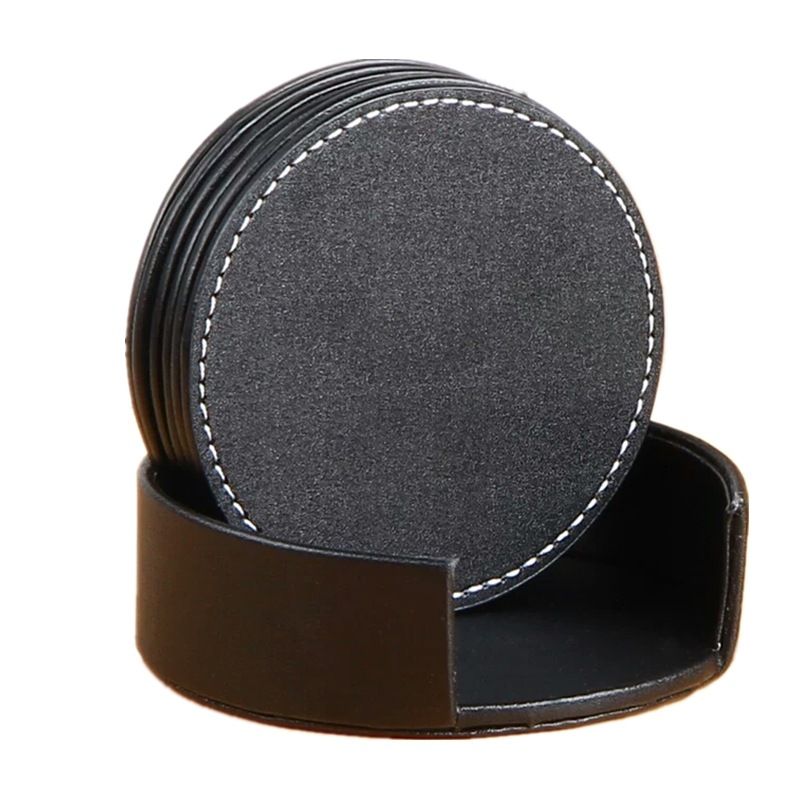 Set of 6 Leather Drink Coasters Round Cup Mat Pad for Home and Kitchen Use Black