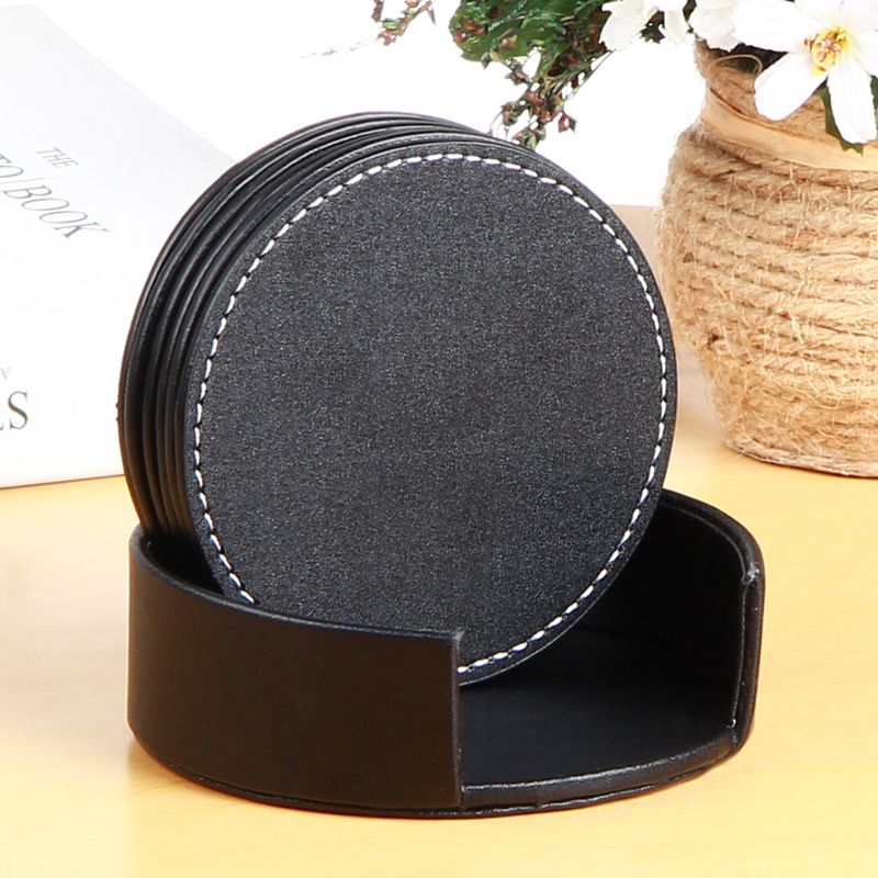 Set of 6 Leather Drink Coasters Round Cup Mat Pad for Home and Kitchen Use Black view 2