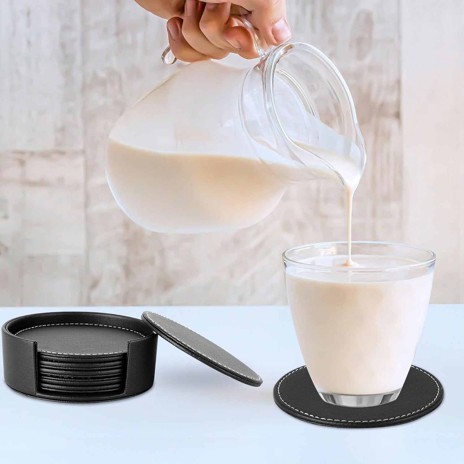 Set of 6 Leather Drink Coasters Round Cup Mat Pad for Home and Kitchen Use Black view 3