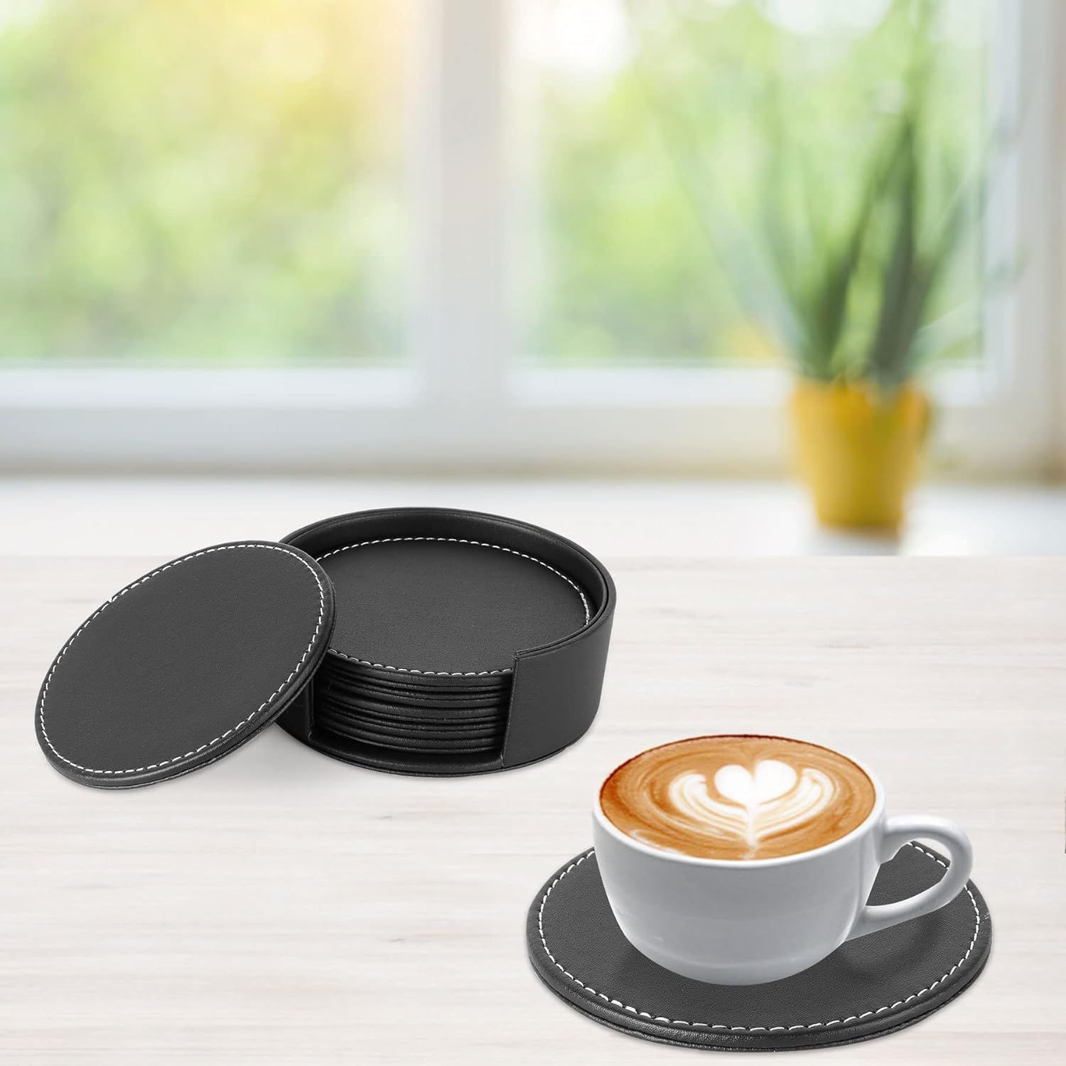 Set of 6 Leather Drink Coasters Round Cup Mat Pad for Home and Kitchen Use Black view 5
