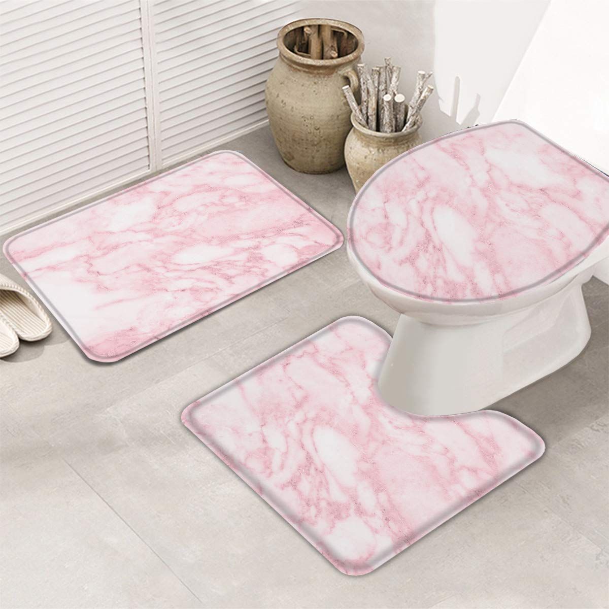 3 Pieces Bath Rug Set Toilet Seat Cover Pink view 2
