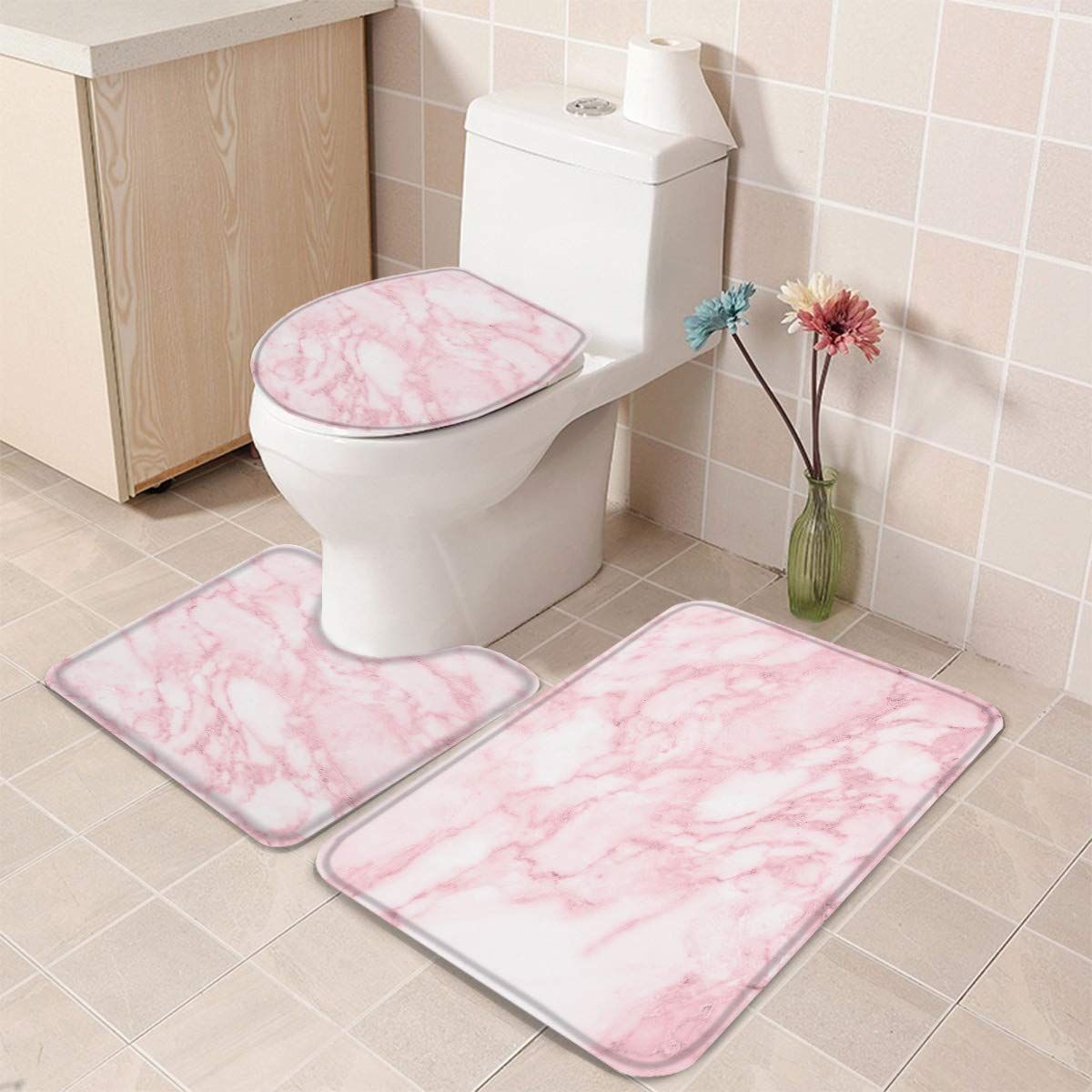 3 Pieces Bath Rug Set Toilet Seat Cover Pink view 3