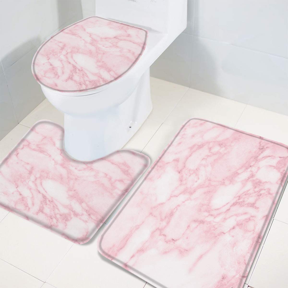 3 Pieces Bath Rug Set Toilet Seat Cover Pink view 4