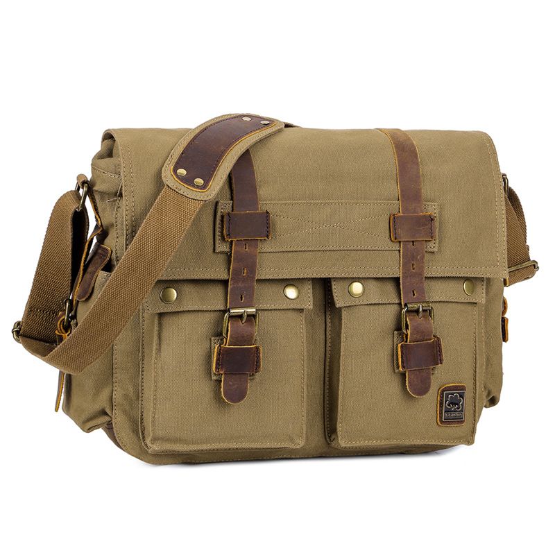 Canvas Crossbody Bag Messenger Bag Vintage Military Leather Canvas Laptop Bag