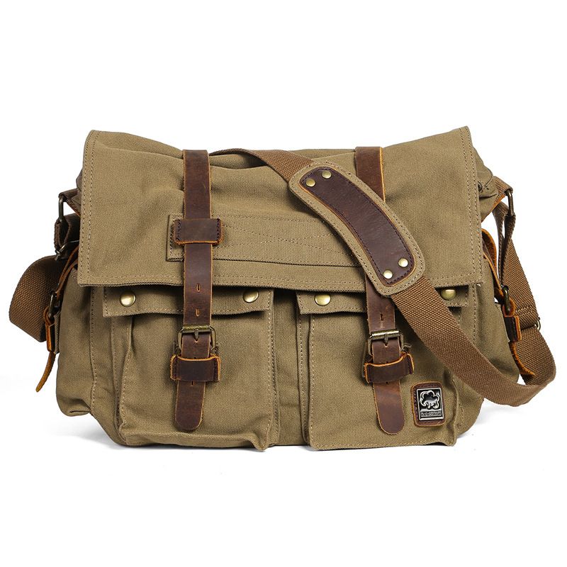 Canvas Crossbody Bag Messenger Bag Vintage Military Leather Canvas Laptop Bag view 2