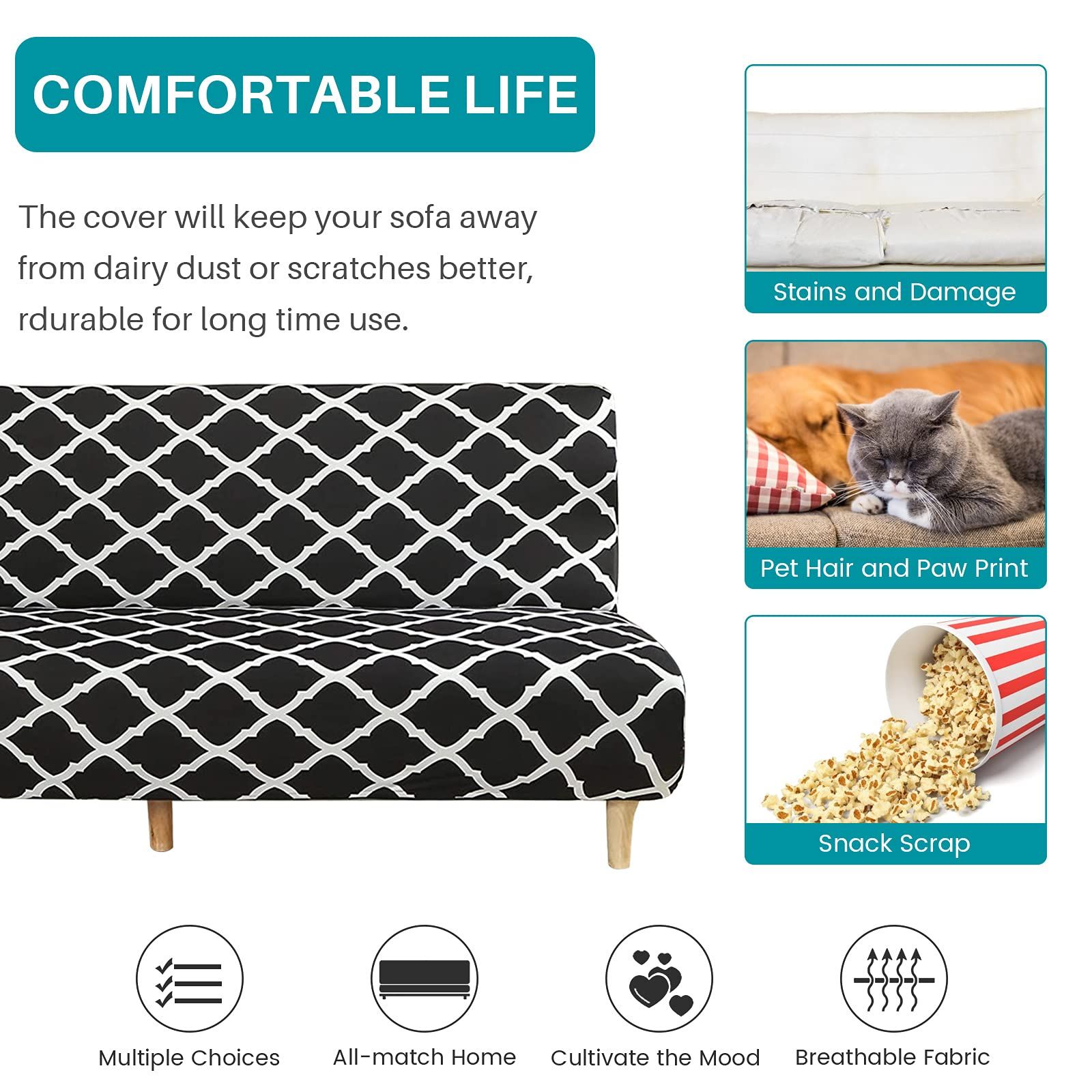 Pet Stretch Sofa Slipcover Armless Futon Cover Printed Fitted Furniture view 5