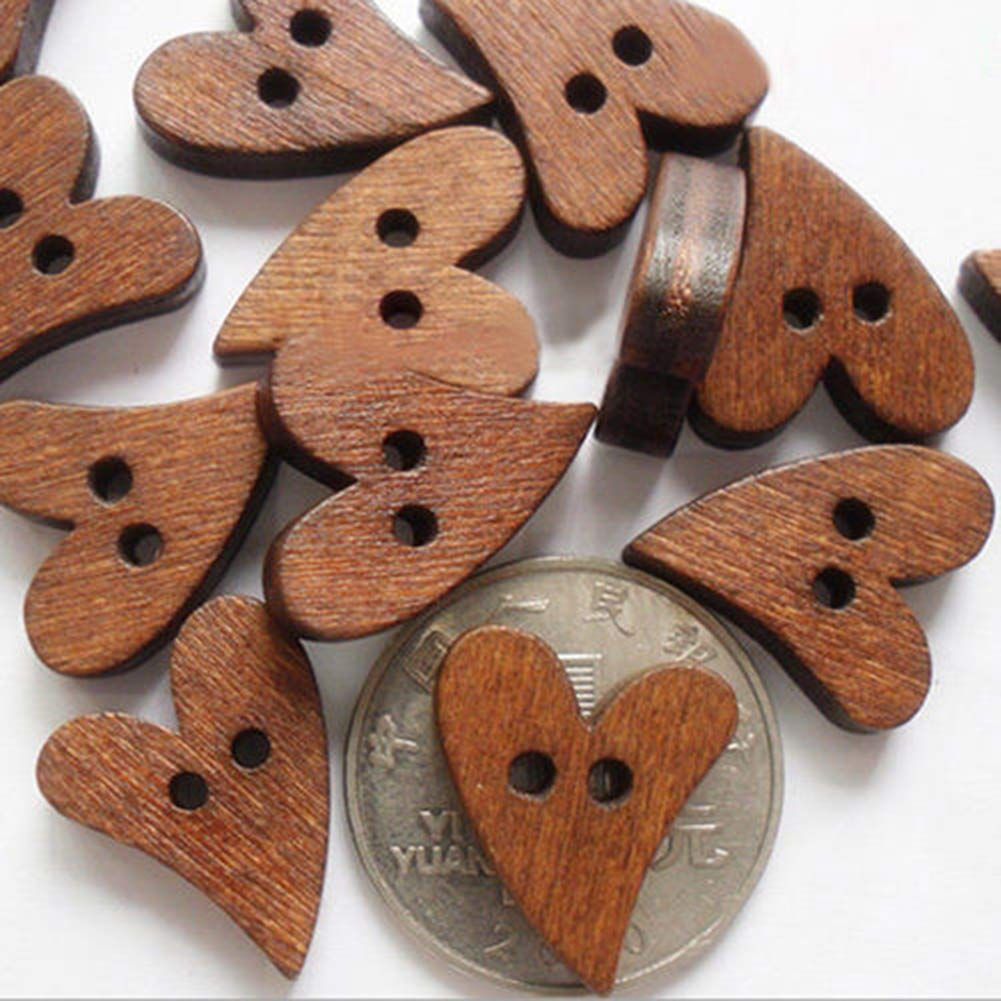 100Pcs Brown Wooden 2-Hole Heart Shape Button for DIY Craft Sewing view 2