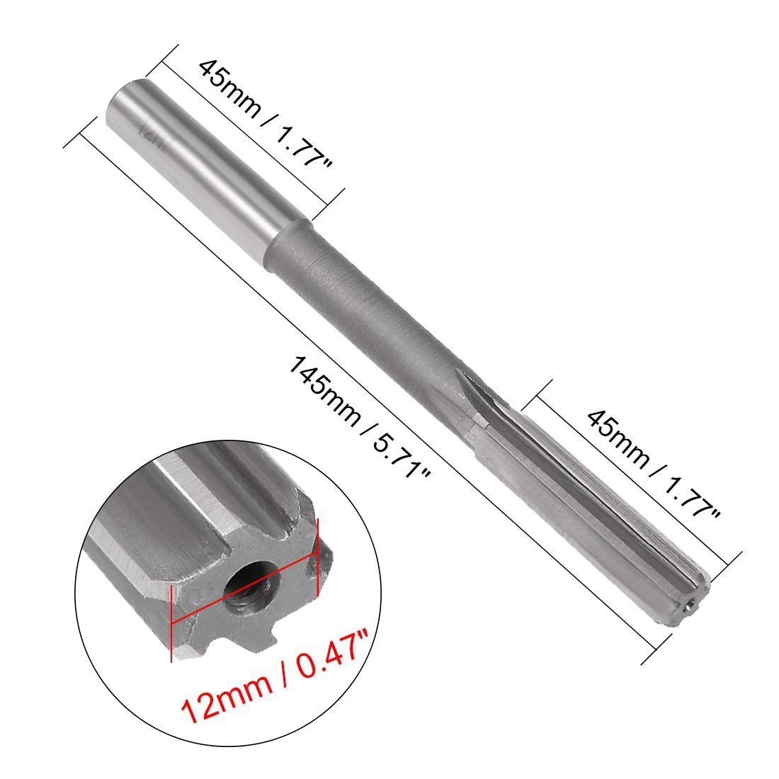 Chucking Reamer 12mm, H7 HSS Lathe Machine Reamer 6 Straight Flutes, Round view 2