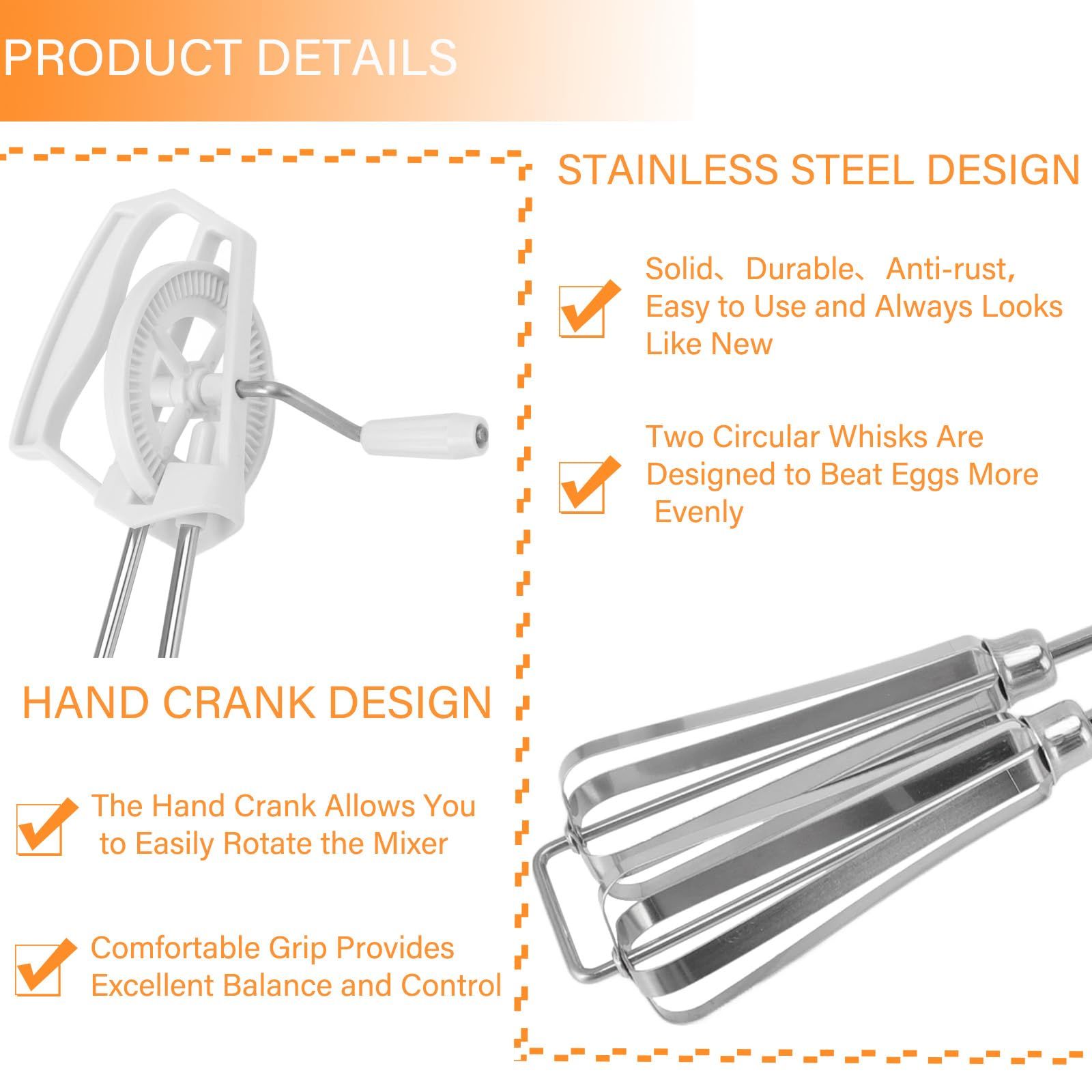 Kitchen Egg Beater, Egg Whisk Stainless Steel Rotary Manual Egg Beater Hand view 3